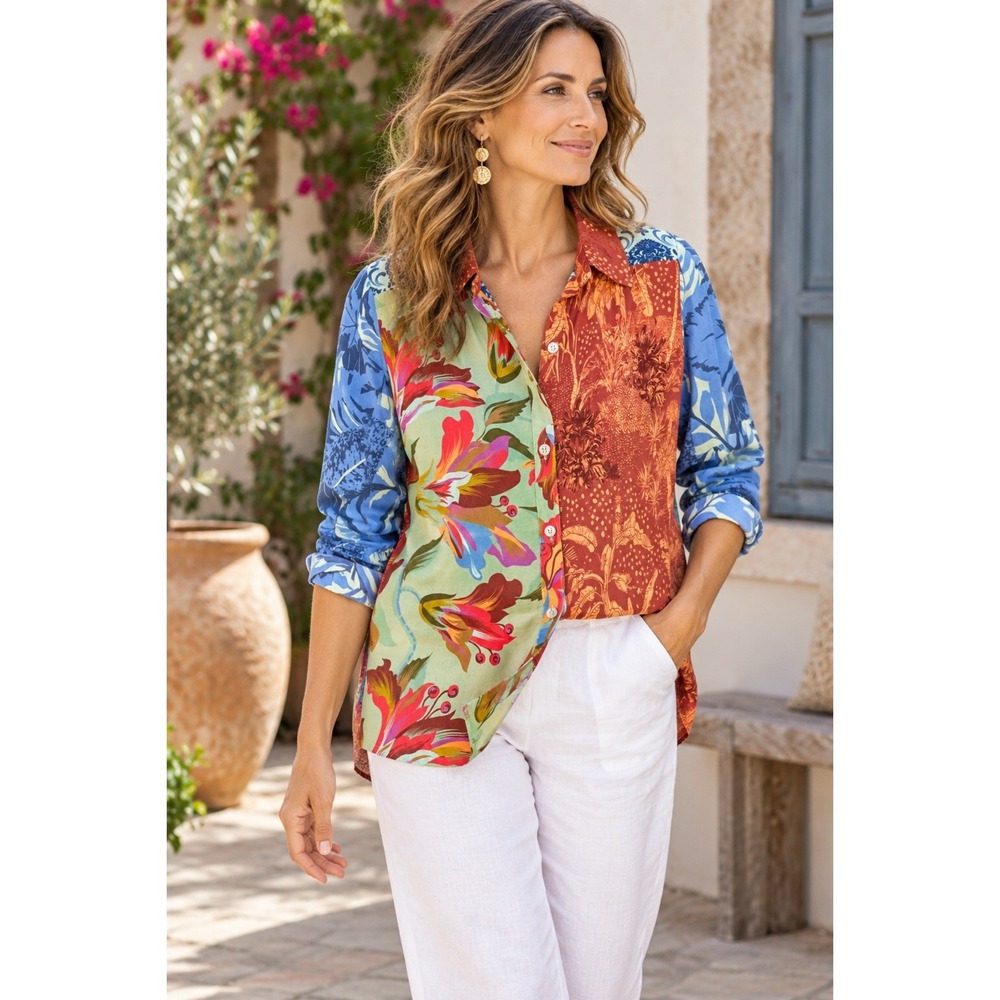 Soft Surroundings Shirt Size Medium Mixed Floral Paisley Patchwork Top Blouse